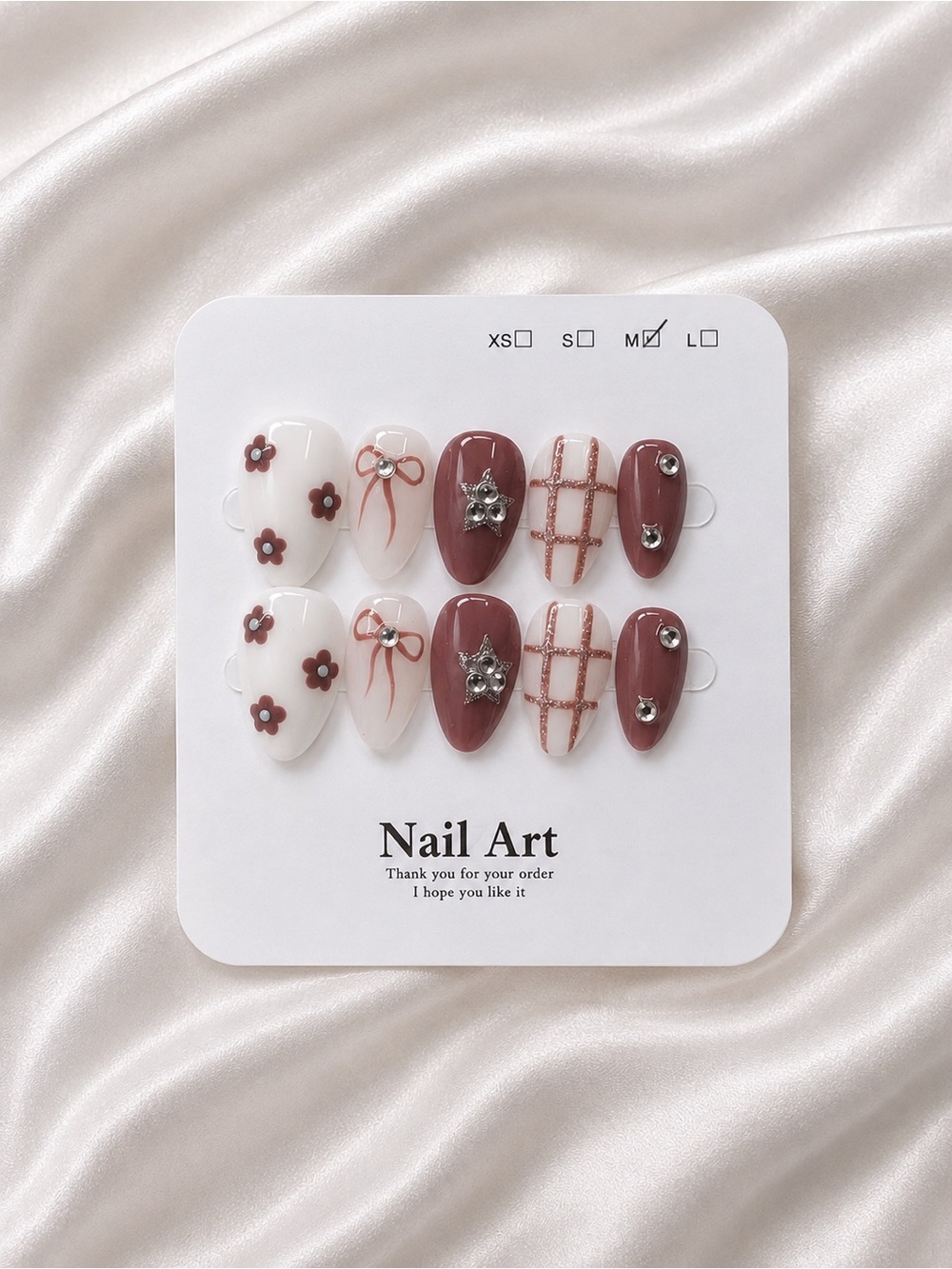 Mauve & White Floral Bow Design Press-On Nail Set | Sz Medium